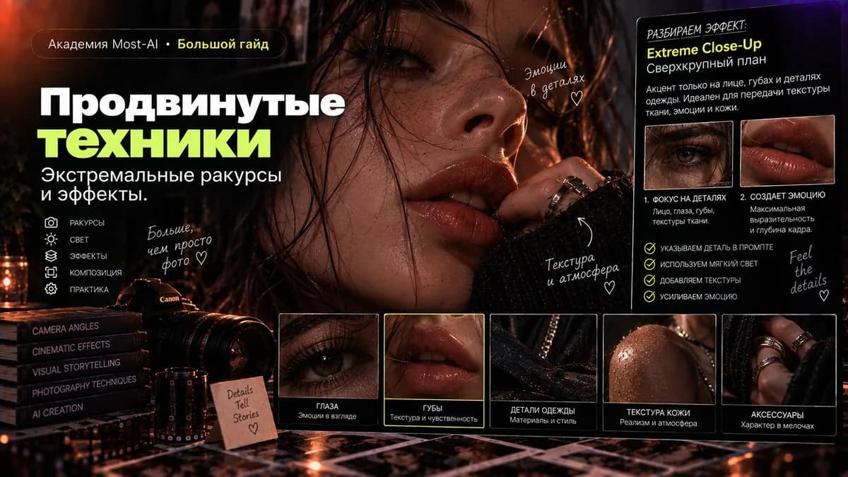 Сверхкрупный план: акцент на лице, губах и деталях одежды