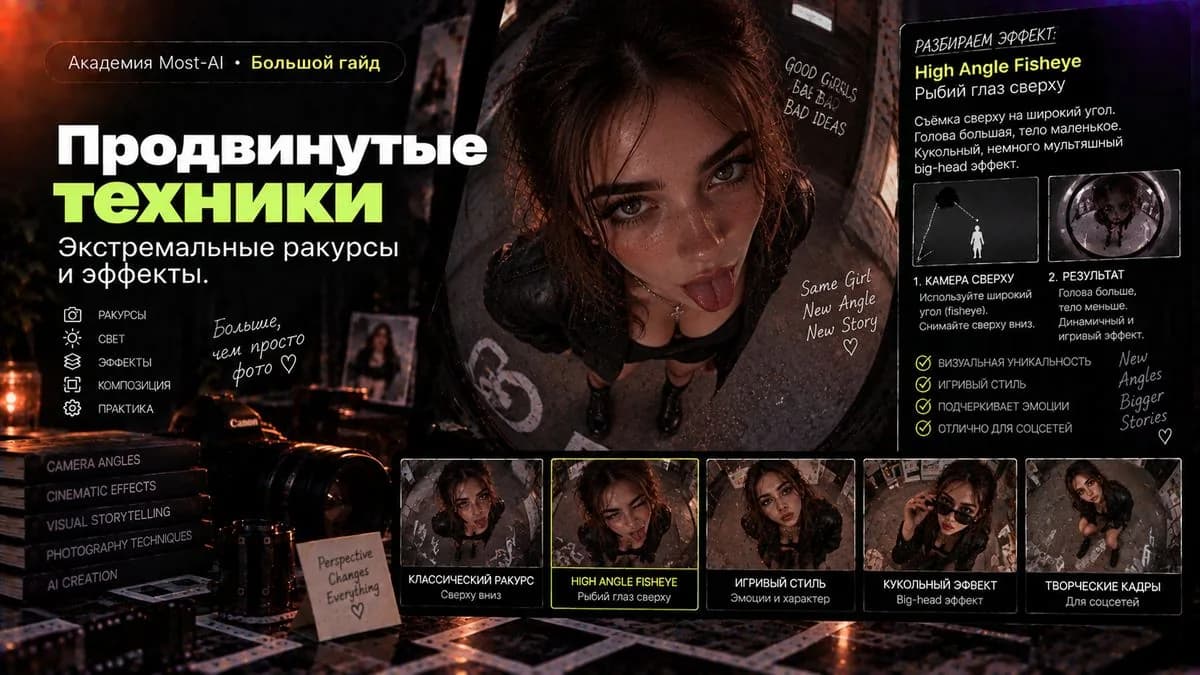 Съёмка сверху широким углом: голова крупная, тело маленькое