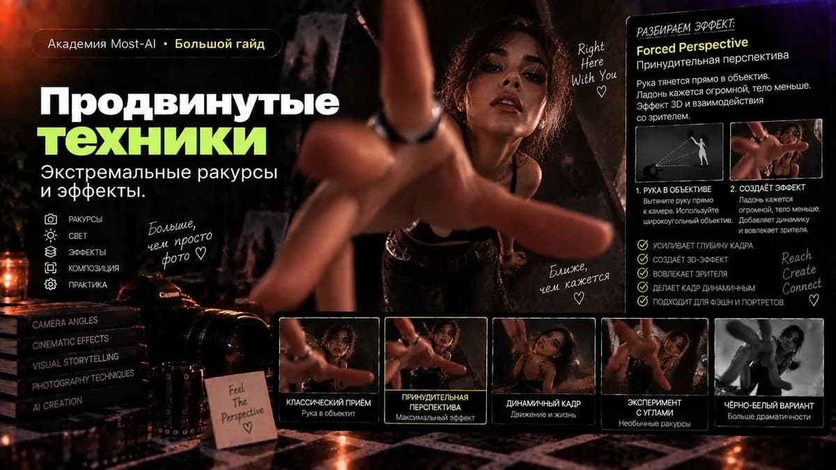 Рука модели тянется прямо в объектив, ладонь кажется огромной
