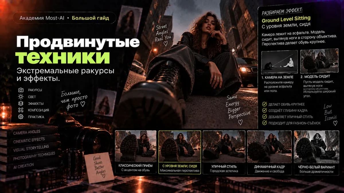 Камера на уровне асфальта, модель сидит с вытянутыми к объективу ногами