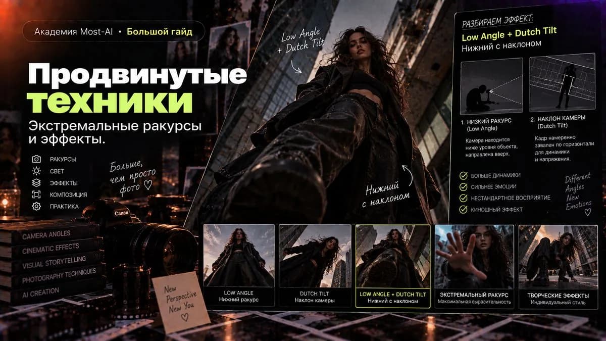 Съёмка снизу вверх с намеренно заваленным горизонтом