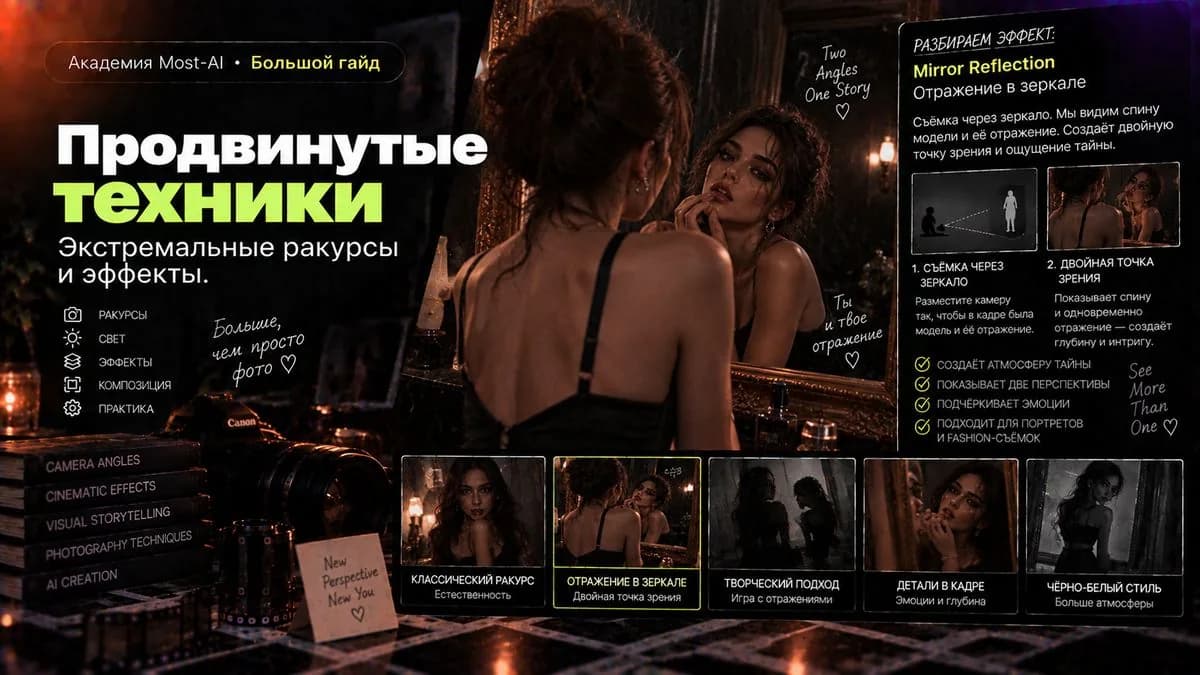 Съёмка через зеркало: видна спина модели и её отражение