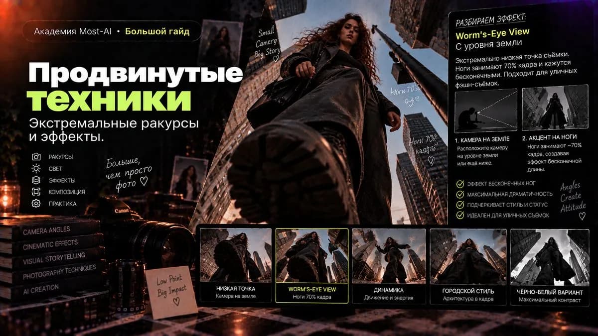 Экстремально низкая точка съёмки, ноги занимают большую часть кадра