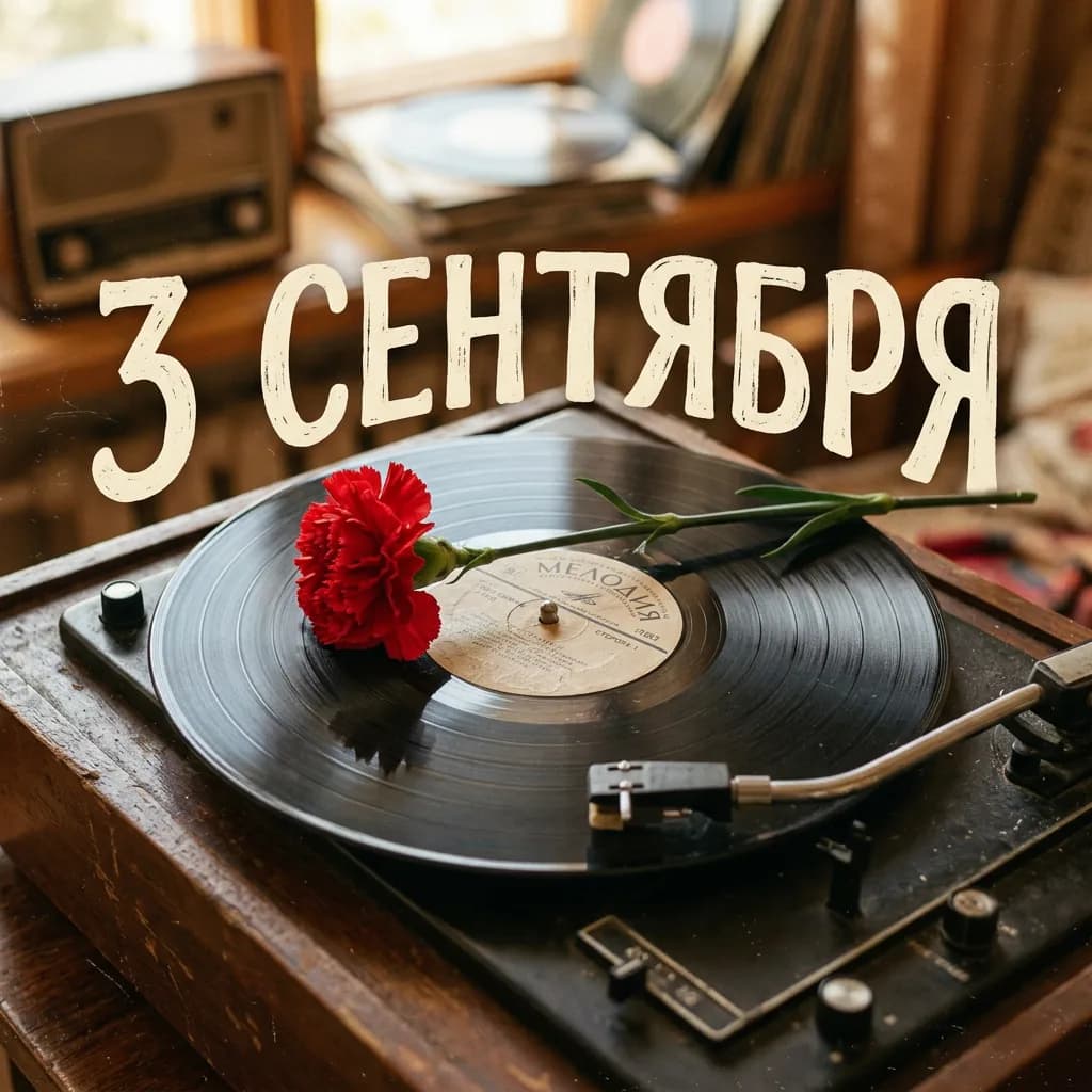Красная гвоздика на виниловой пластинке и надпись «3 сентября»