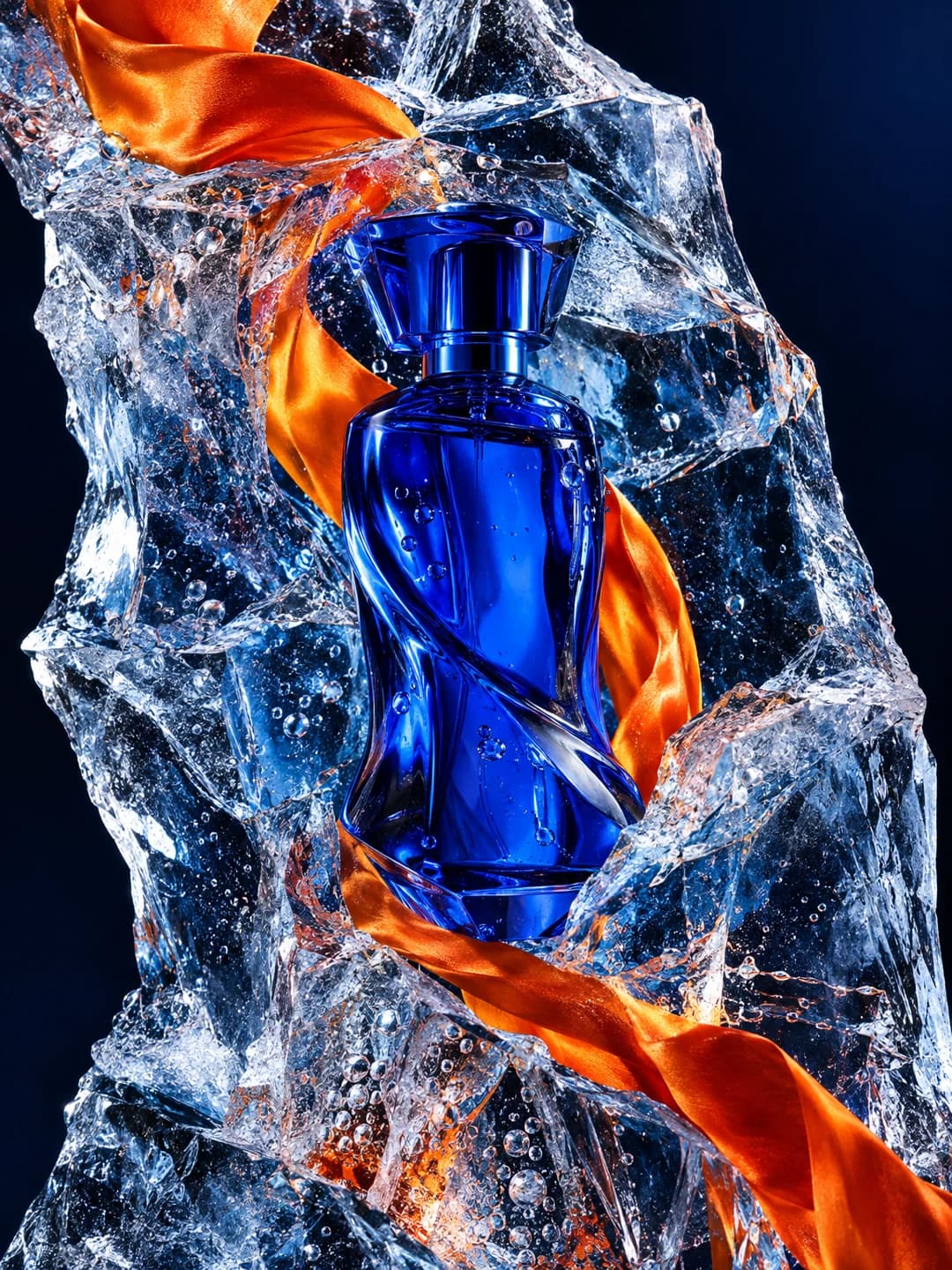 A perfume bottle in ice: image to video: source image