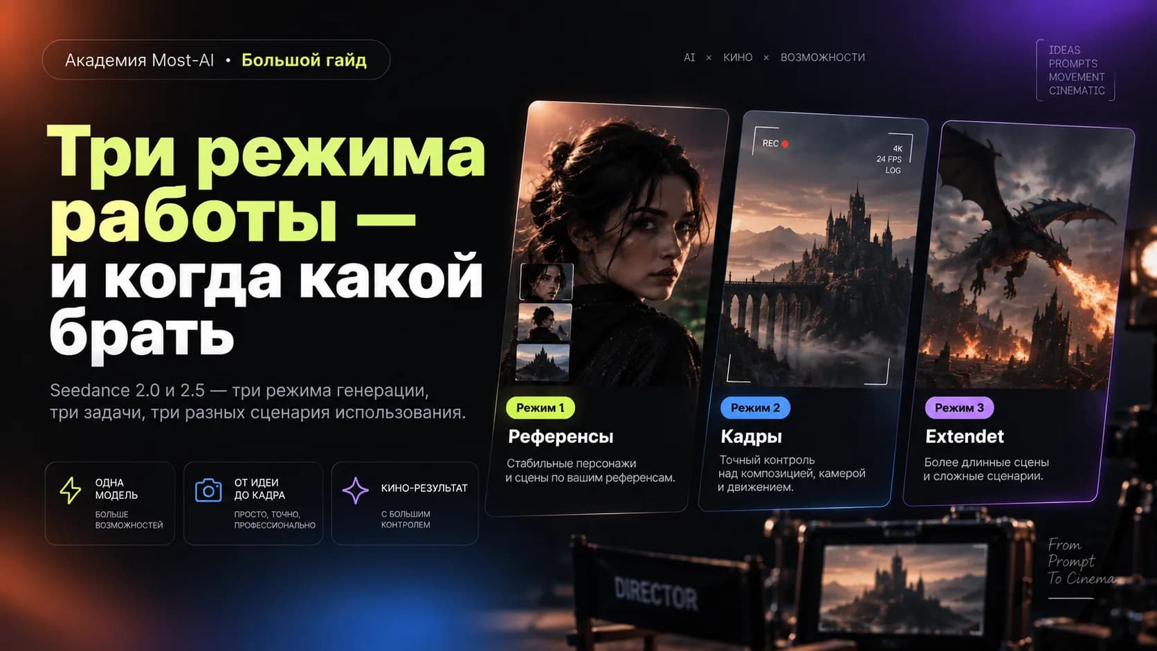 Три режима работы Seedance — Референсы, Кадры, Extend