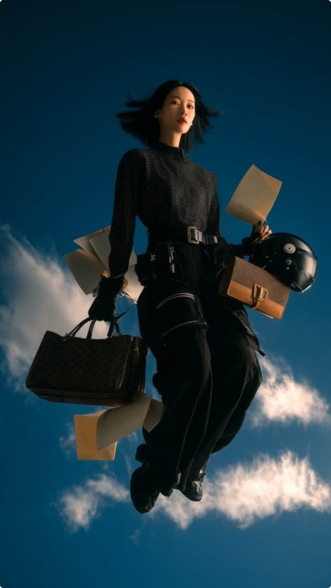 Женщина в чёрном парит в небе с сумкой, кинематографический свет