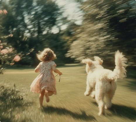 Девочка бежит по парку с пушистой собакой, тёплый дневной свет