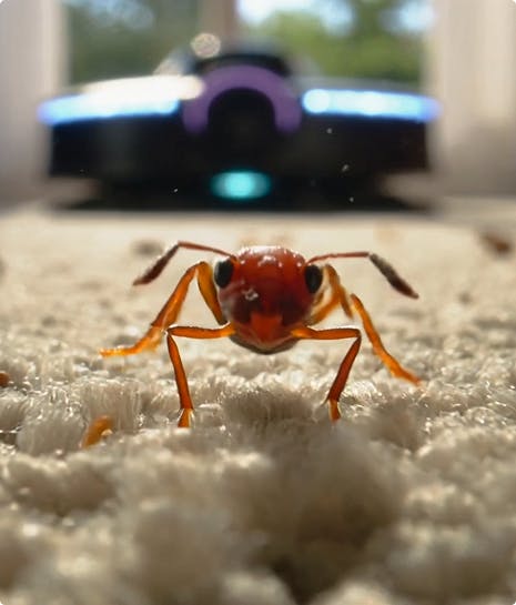 Муравей на ковре, робот-пылесос догоняет, малая глубина резкости