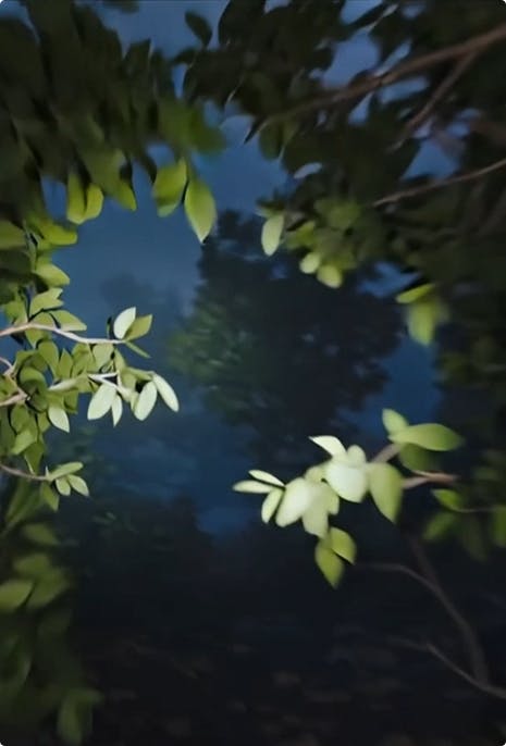 Мягкий ночной свет сквозь листья джунглей, загадочная атмосфера