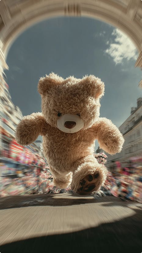 Гигантский плюшевый медведь бежит по городскому маршруту марафона