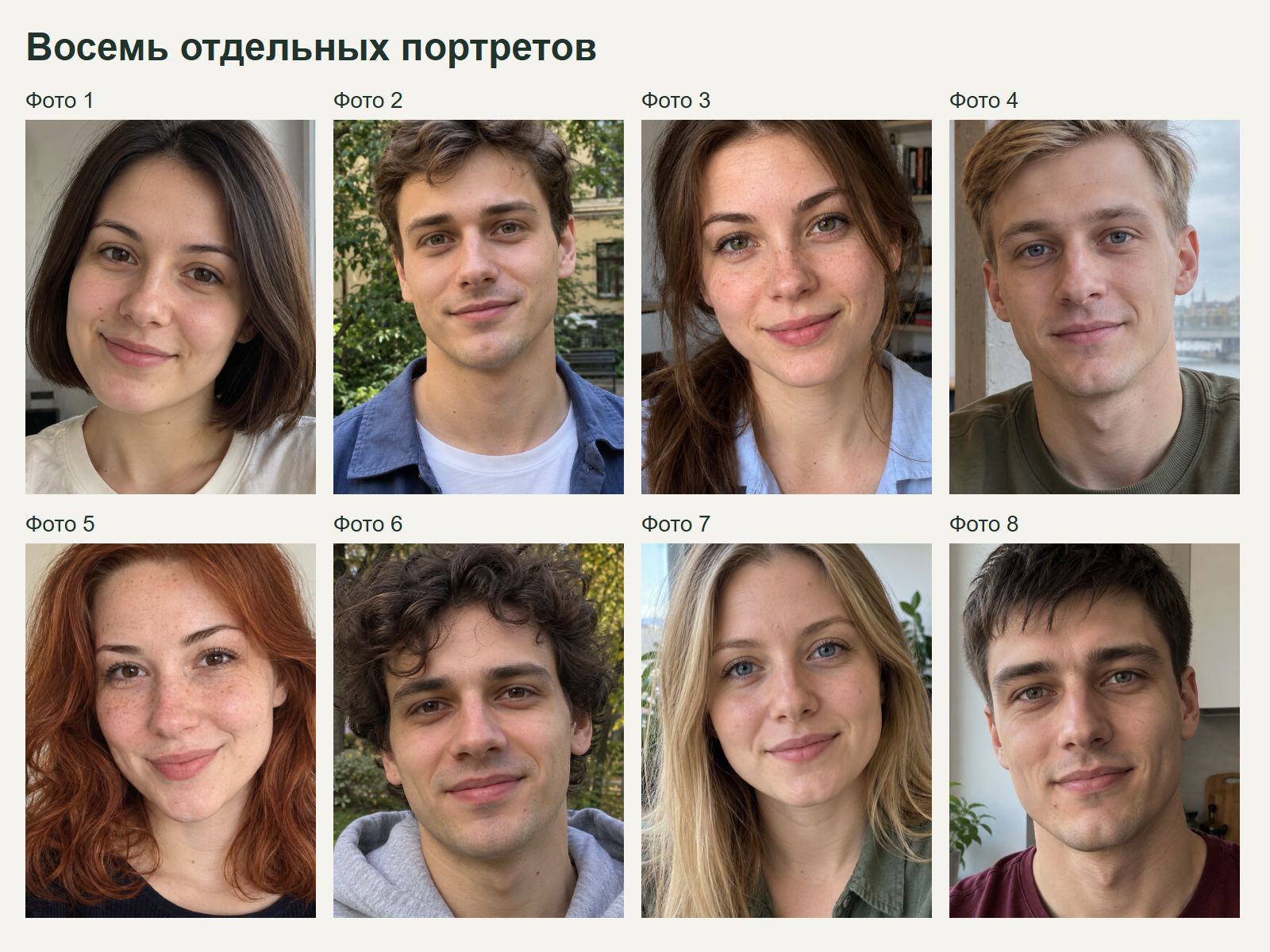 Восемь отдельных портретов с номерами от 1 до 8 в порядке загрузки
