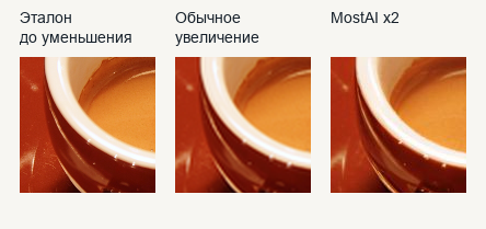 Чашка x2: эталон, обычное увеличение и MostAI на одном фрагменте края и кофе
